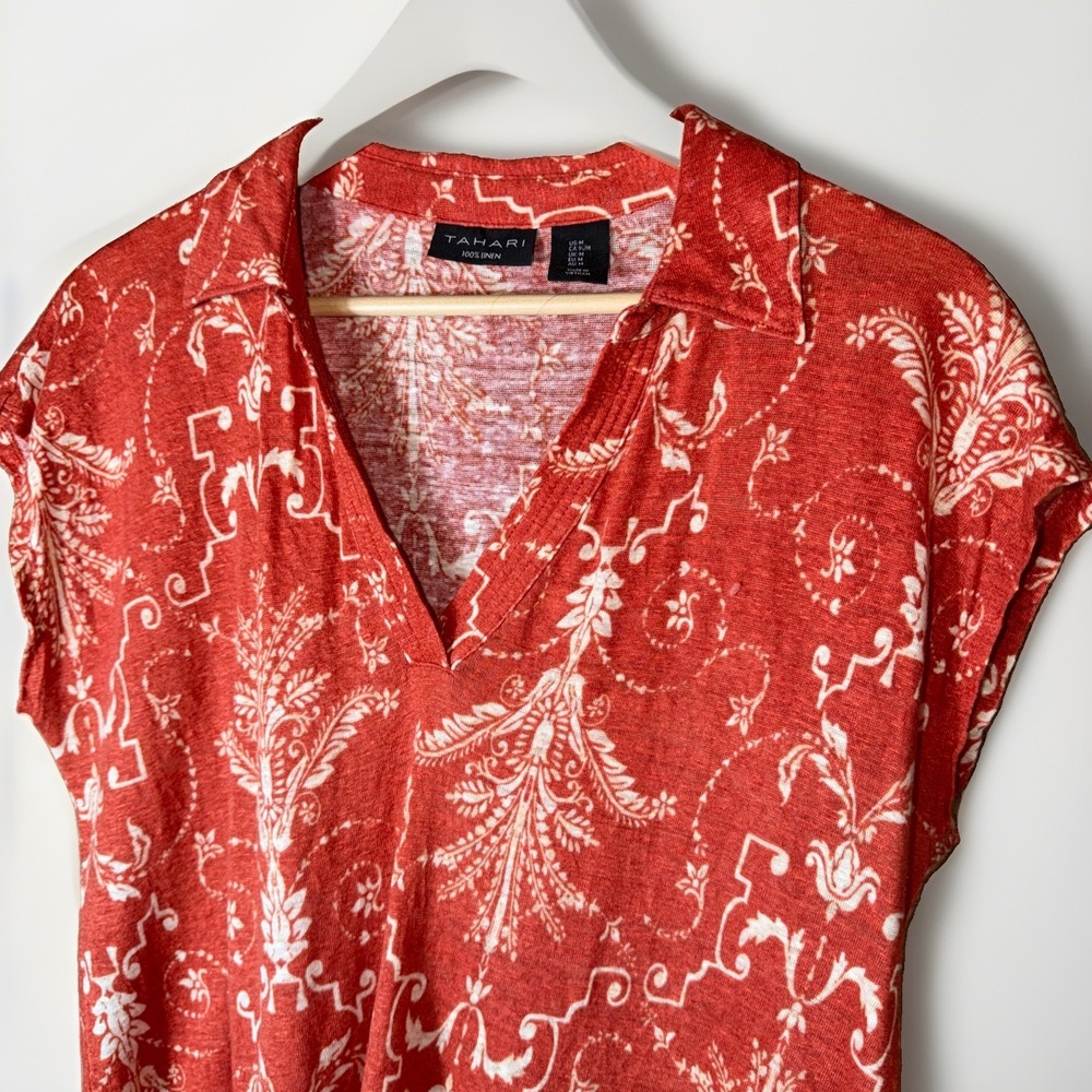 Tahari Red and White Printed Short-Sleeve Blouse